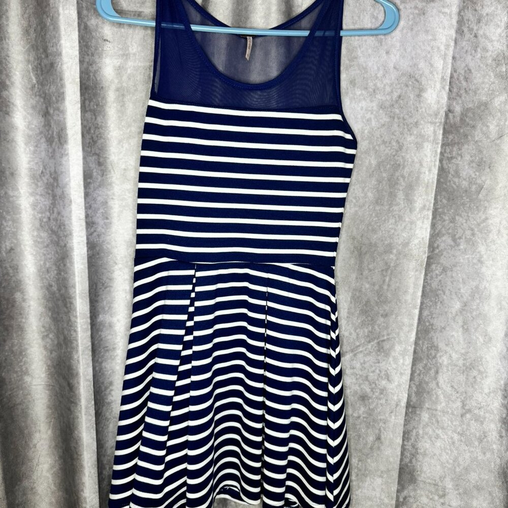 Poof Junior Navy & White Striped Mini Fit Flare Dress Coastal Nautical - Picture 4 of 7